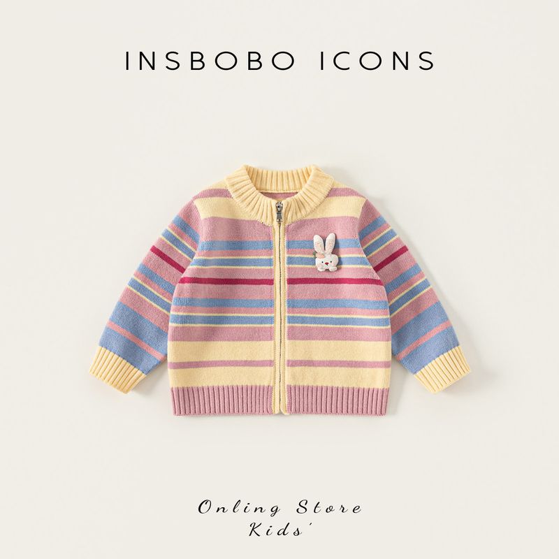 Insbobo Girls  Sweater Spring New 2026 Baby Knitted Cardigan Jacket Children s Spring Striped Top Color stripes 80