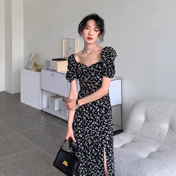 French floral dress women's summer square neck bubble sleeve split waist temperament coffee break long skirt