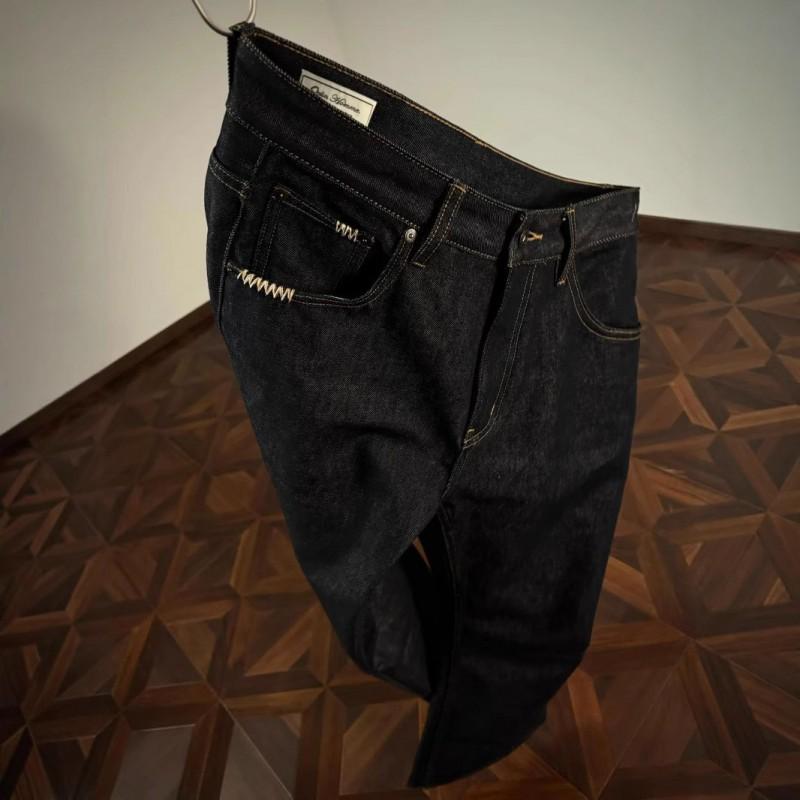 Mens Classic Dark Blue Raw Denim Jeans 13.5oz Hand-Sewn Stitching Flared Cut Streetwear Style