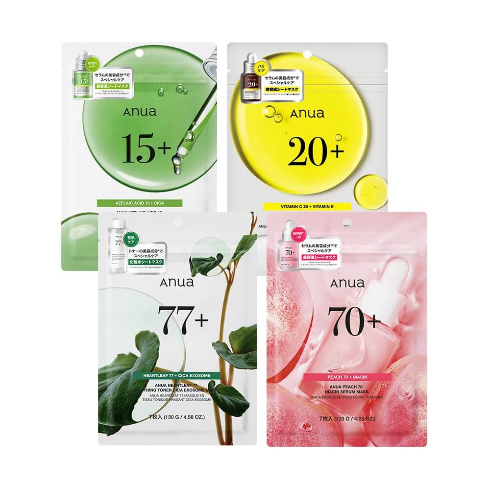 Anua Peach 70 Niacin Mask Pack 7 Sheets + 77 Soothing Toner Mask Pack 7 Sheets + 15 Azelaic Acid Serum Mask Pack 7 Sheets + 20 Vitamin C Serum Mask Pa