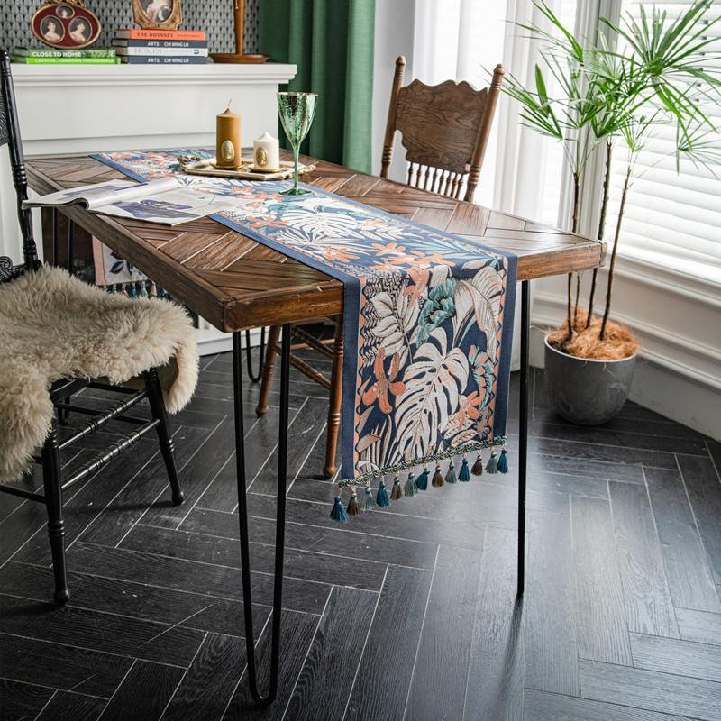 American Retro Table Flag Yarn Dyed Jacquard Tropical Rain Forest Tassel Household Polyester Tablecloth Table Flag Bed Tail Flag