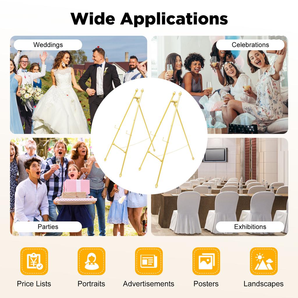 2 Pack Gold Floor Easel Stand, Heavy Duty Adjustable A-Frame Poster Holder for Wedding Sign Photo Display