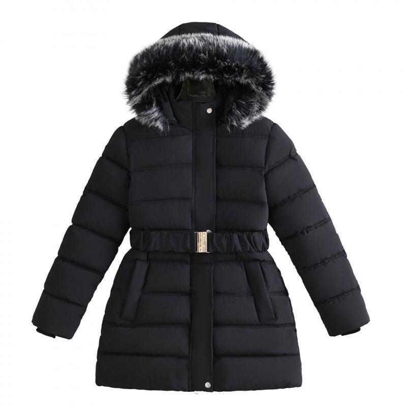 Winter Long Style Teen Girls Jacket Solid Color Slim Fit Fashion Detachable Hat Big Fur Collar Hooded Keep Warm Coat for Kids