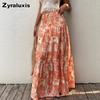 Bohemian Printed High Waist Maxi Dress Summer Vacation Style A-Line Flowy Layered Half Skirt