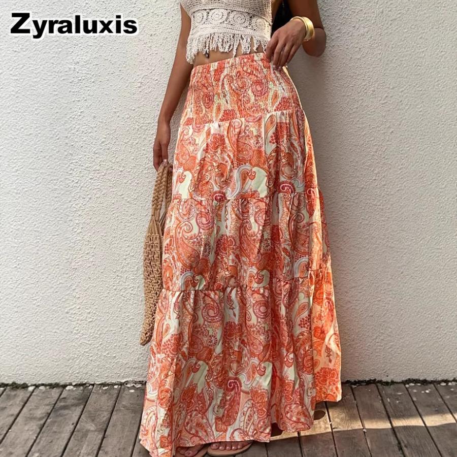 Bohemian Printed High Waist Maxi Dress Summer Vacation Style A-Line Flowy Layered Half Skirt