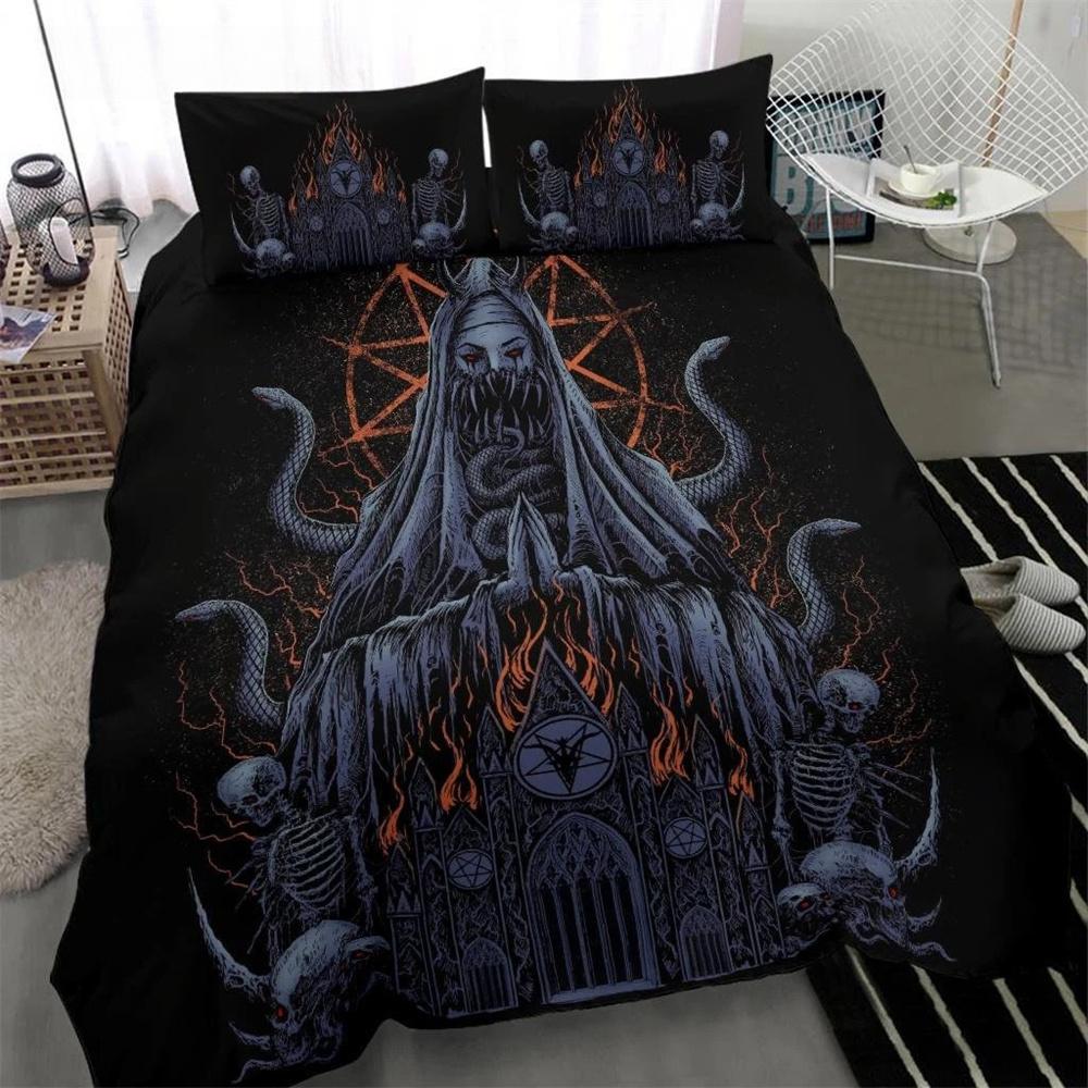 Skull Skeleton Satanic Goat Skull Duvet Cover Set Trophy Demon Breed Bedding Sets Night Blue Pink Satanic Baphomet Quilt Cover