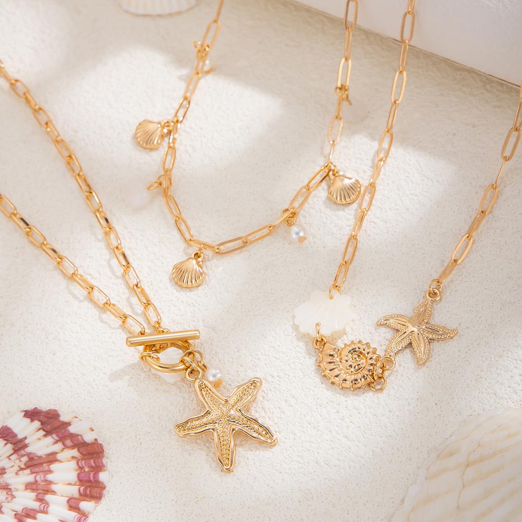 Starfish Pearl Necklace Set Conch Scallop Flat Snake Chain Necklace Set