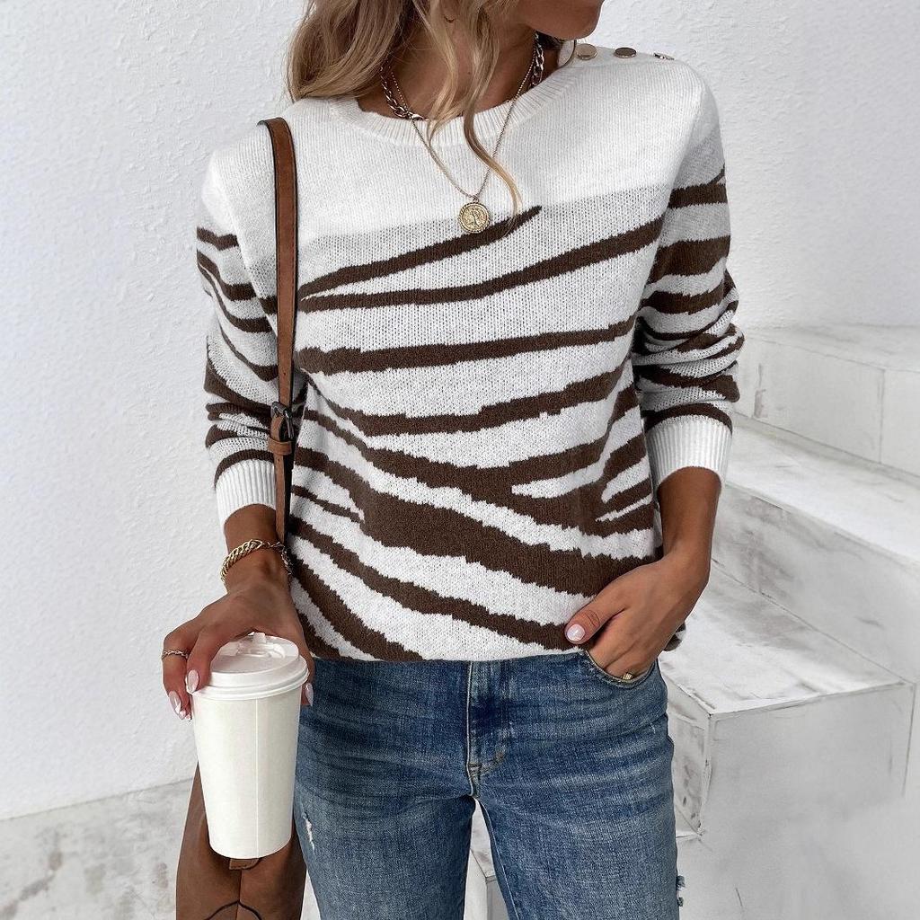 2025 Autumn/Winter Women's Zebra Print Color Block Sweater with Round Neck & Shoulder Buttons