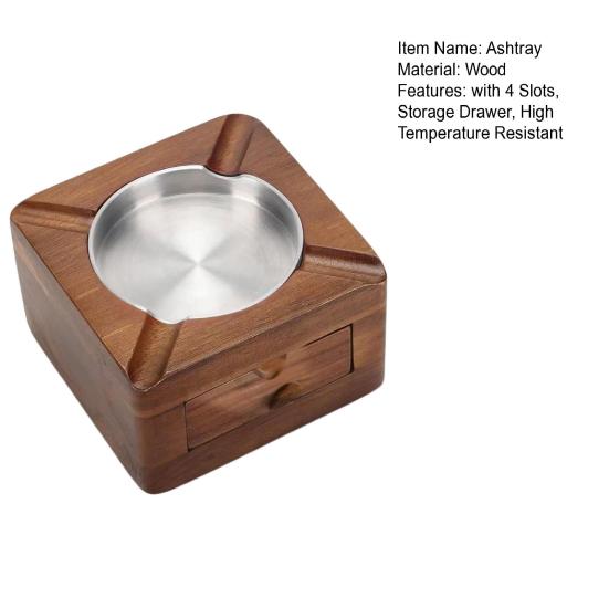 Yousheng Square Wooden Ashtray for Men, Non-slip Ash Holder with 4 Slots & Drawer, High Temperature Resistant Ashtray for Indoor Outdoor