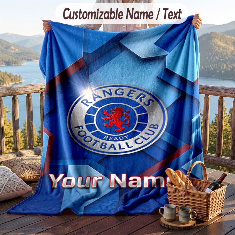 Flannel Blanket Rangers FC Print Custom Name Text Soft Throw for Sofa Bed