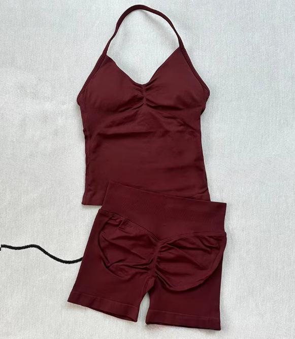 JYL Seamless Backless Two Piece Set Padded Halter Top Fitness Shorts