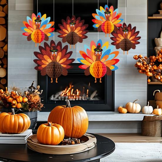 Thanksgiving Turkey Honeycomb Ornament Hanging Paper Turkey Honeycomb Decoration for Thanksgiving Party Favors Dining Table Decor