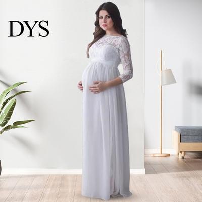 Women Party Dress Pregnant Lace Hollow Out Floral Embroidery Round Neck Long Pregnancy Sleeves Pleated Maxi for Wedding Prom Photo Prop Evening