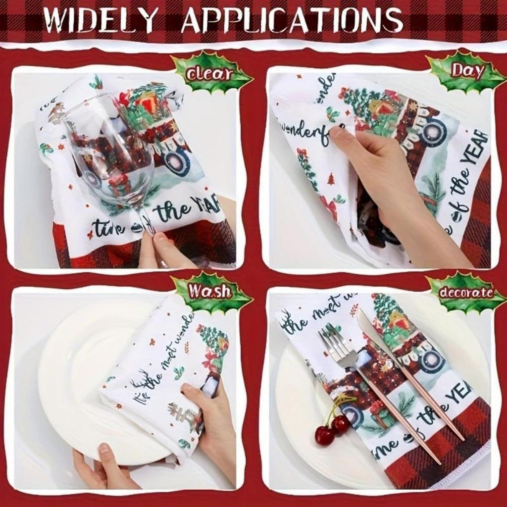 5-Pack Christmas Kitchen Towels Festive Dish Cloths With Santa Elk Snowman Designs For Holiday Dining, Party & Home Decor