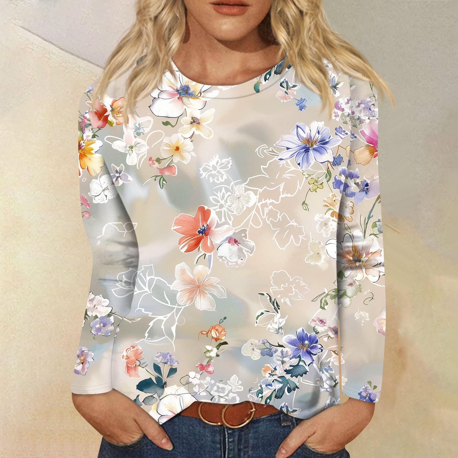 

Женская мода Повседневная ретро-принт с круглым вырезом и длинным рукавом Декоративная футболка Топ XL хаки