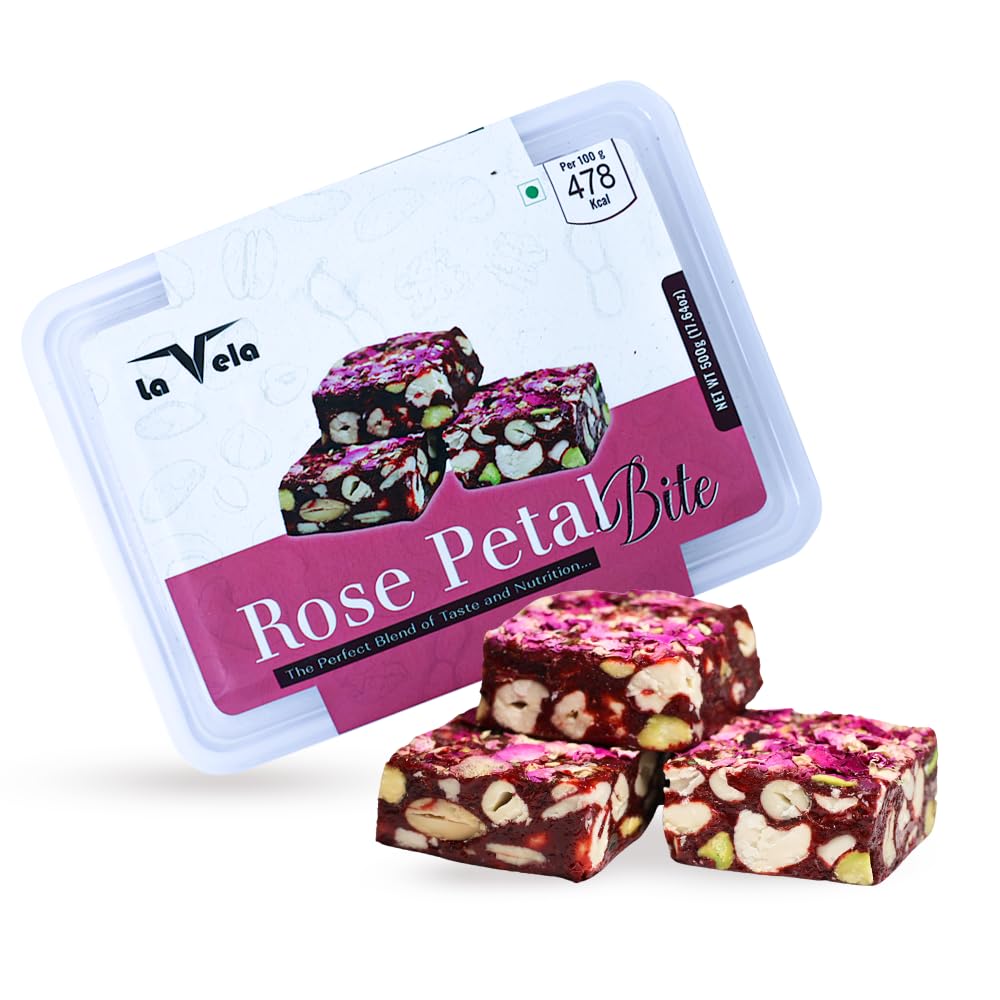 

Rose Petal Bites Dry Fruit Nuts Mix Barfi 250g | Shahi Gulab Chikki Healthy Mithai | Cashews, Almonds, Pistachios, Gulkand & Pure Ghee Low Sugar
