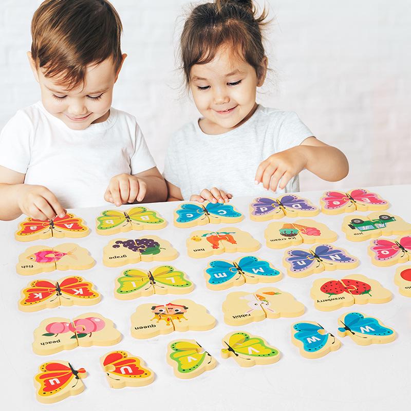 Buntes Schmetterlingsförmiges Englisches Buchstaben Zuordnungsspiel, Alphabet- Und Wortlernspielzeug, Tier-Holzpuzzle, Geschenk für Kinder