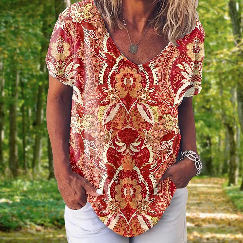 Fashion Women's T-shirt 3D Floral Print Tops Tees V Neck Short Sleeves Female Clothes Summer Large Size T Shirt Woman Clothing