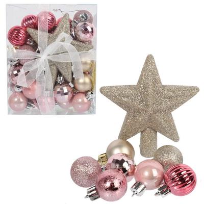 Set of 30 Luxury Pink Baubles with a Star On Top for Christmas Tree Decorations