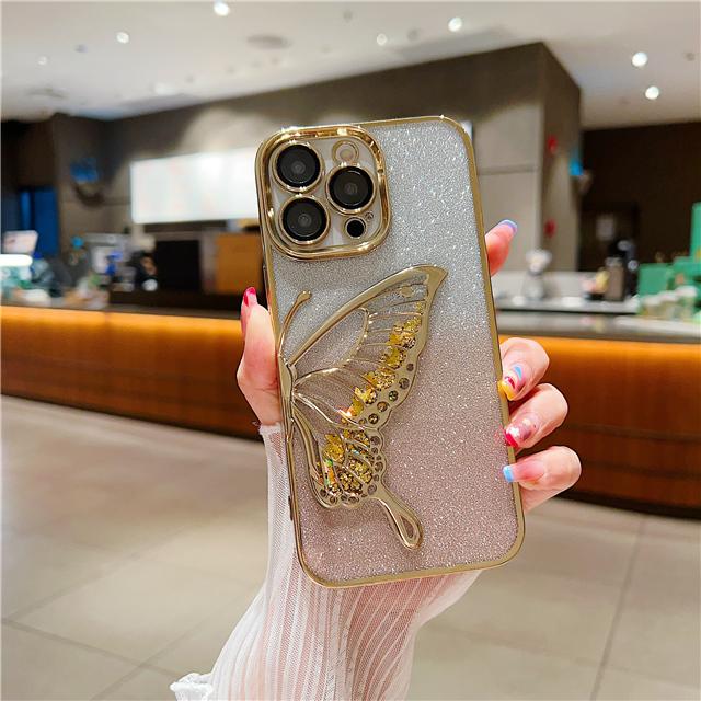 For iPhone 16E 15 Pro Max Fashion Glitter Butterfly Luxury Plating Frame Phone Case For iPhone 11 12 13 14 Plus Protective Cover
