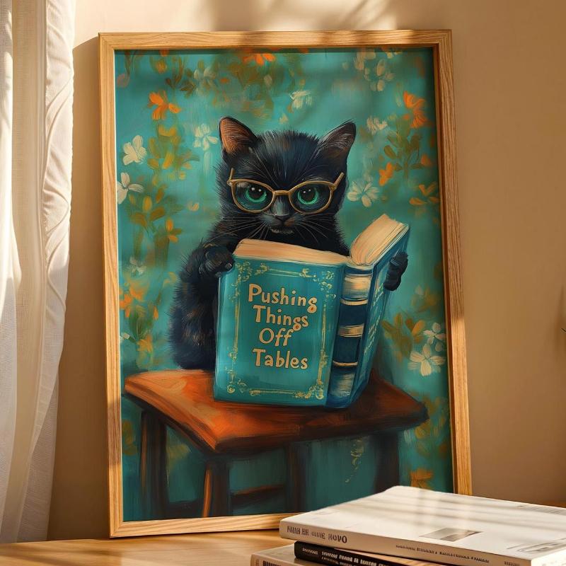 Animal Reading Book Wall Decor Poster, Funny Cat Print, Animal Reading Funny Book Art, Humorous Animal Art Home Decor Gift