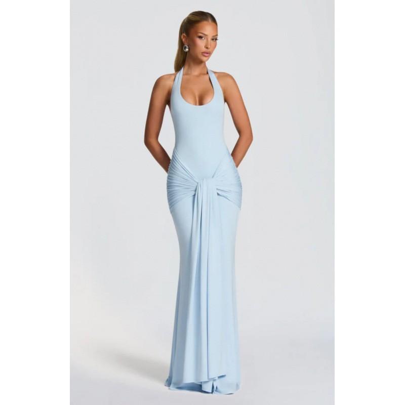 

Women s Clothing European American Style New Streamers Splicing Suspenders Long Dress Slim Bag Hip Hanging Neck S світло-синій колір