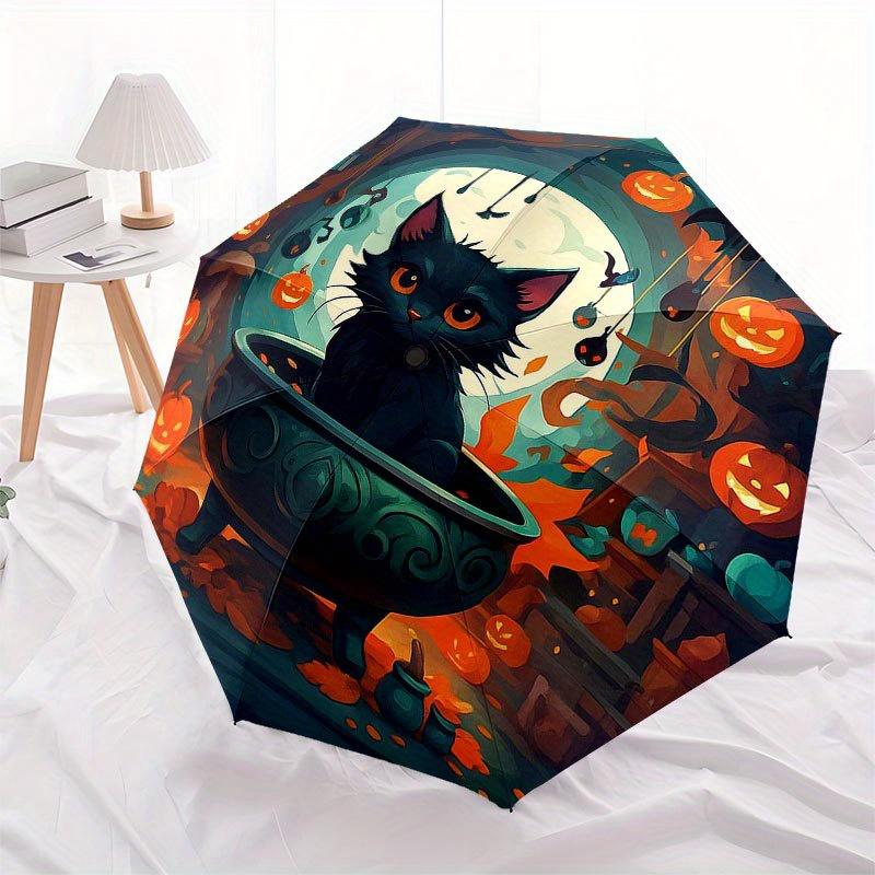 Halloween Black Cat Cauldron Wall Clock Umbrella, Portable 3-Fold Compact Umbrella for Men & Women R146