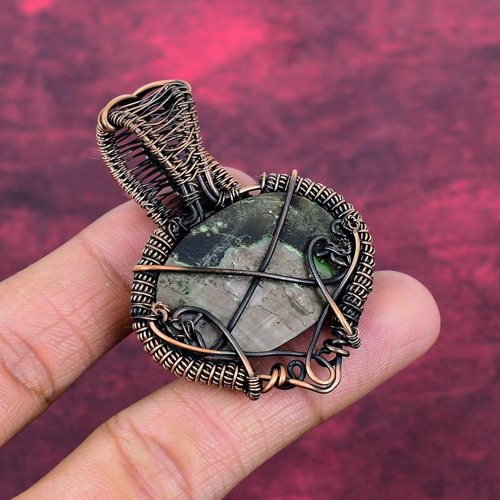 Black Mother Of Pearl Gemstone Pendant Copper Wire Wrapped Rainbow Moonstone Jewelry