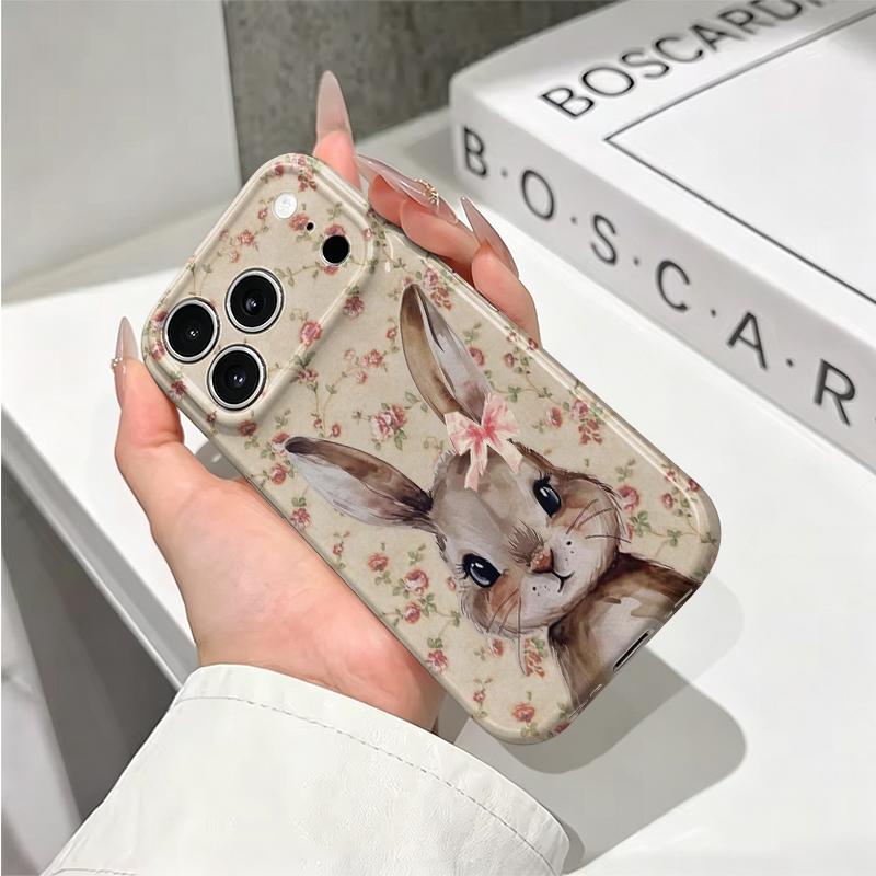 Charming Vintage Rose Floral Bunny Art Print Film Aesthetic Protective Shockproof Bumper Phone Case Cover For iPhone 14 15 16 17 Pro Max Plus