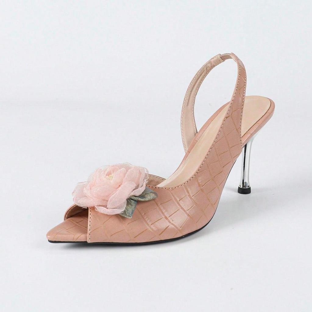 Women's three-dimensional flower fish mouth shoes side bag stiletto sandals pink high heels