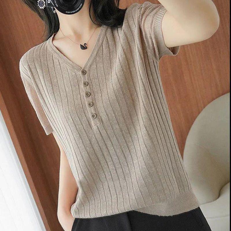 Ice Silk Short Sleeved T-shirt for Women Loose and Slimming V-neck Knitted Sweater Half Sleeved Top