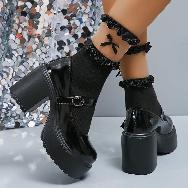 Fashion 2024 New Chunky Platform Mary Jane Shoes Women Patent Leather High Heels Pumps Woman Sweet Thick Heel Party Shoes Female