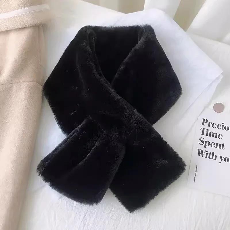 Winter Thicken Rabbit Fur Collar Scarf Women Keep Warm Fur Cross Winter Scarf Autumn Winter Fake Fur Plush Neck Cross Scarf