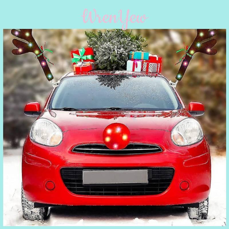 Plush Led Reindeer Antler Car Decor Kit With Lighted Nose And Tail For Festive Vehicle Ornamentation
