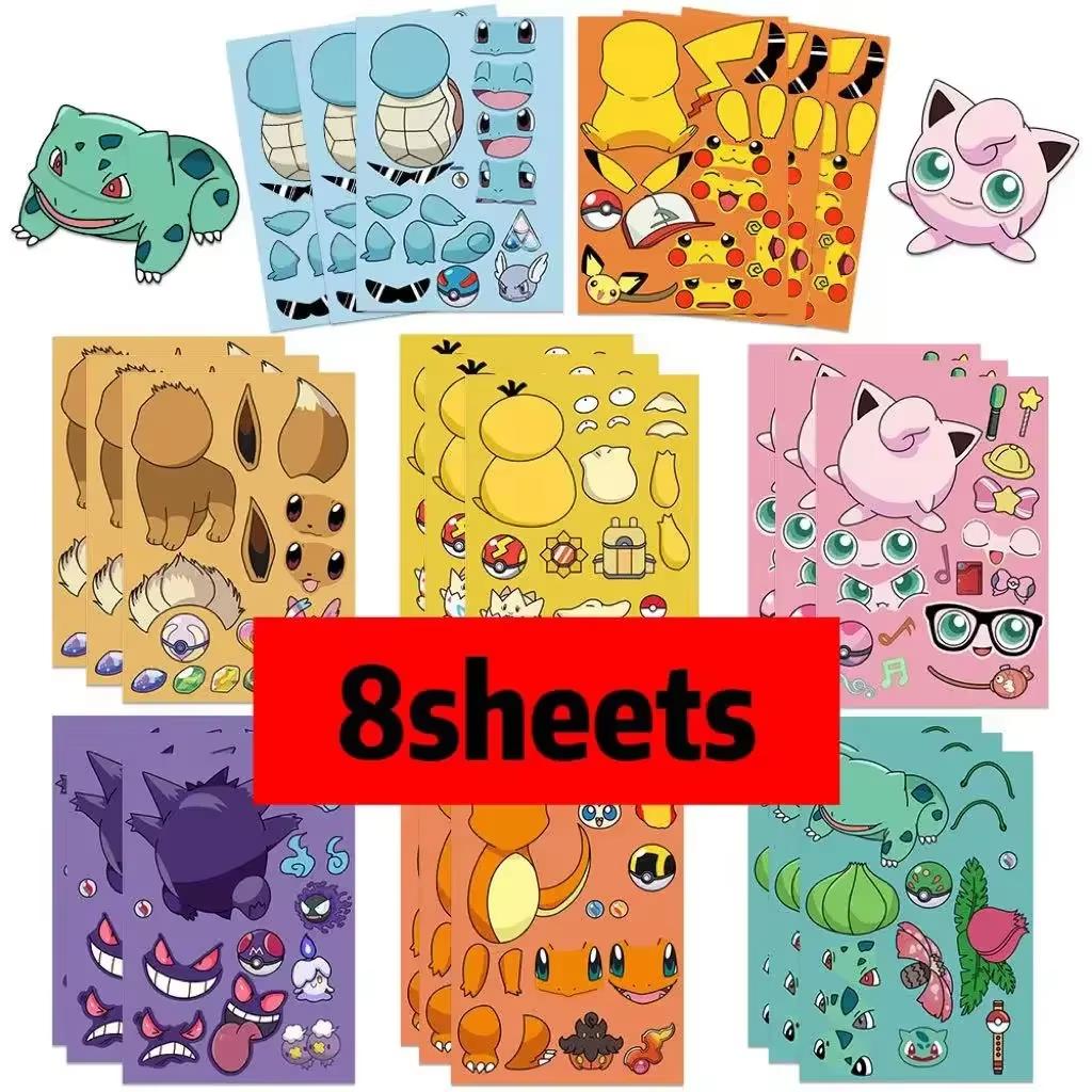 

8/16 Sheets Pikachu Puzzle Stickers Pokemon Make-a-Face Decals Funny Assemble Jigsaw DIY Children Cartoon Sticker Kid Toys