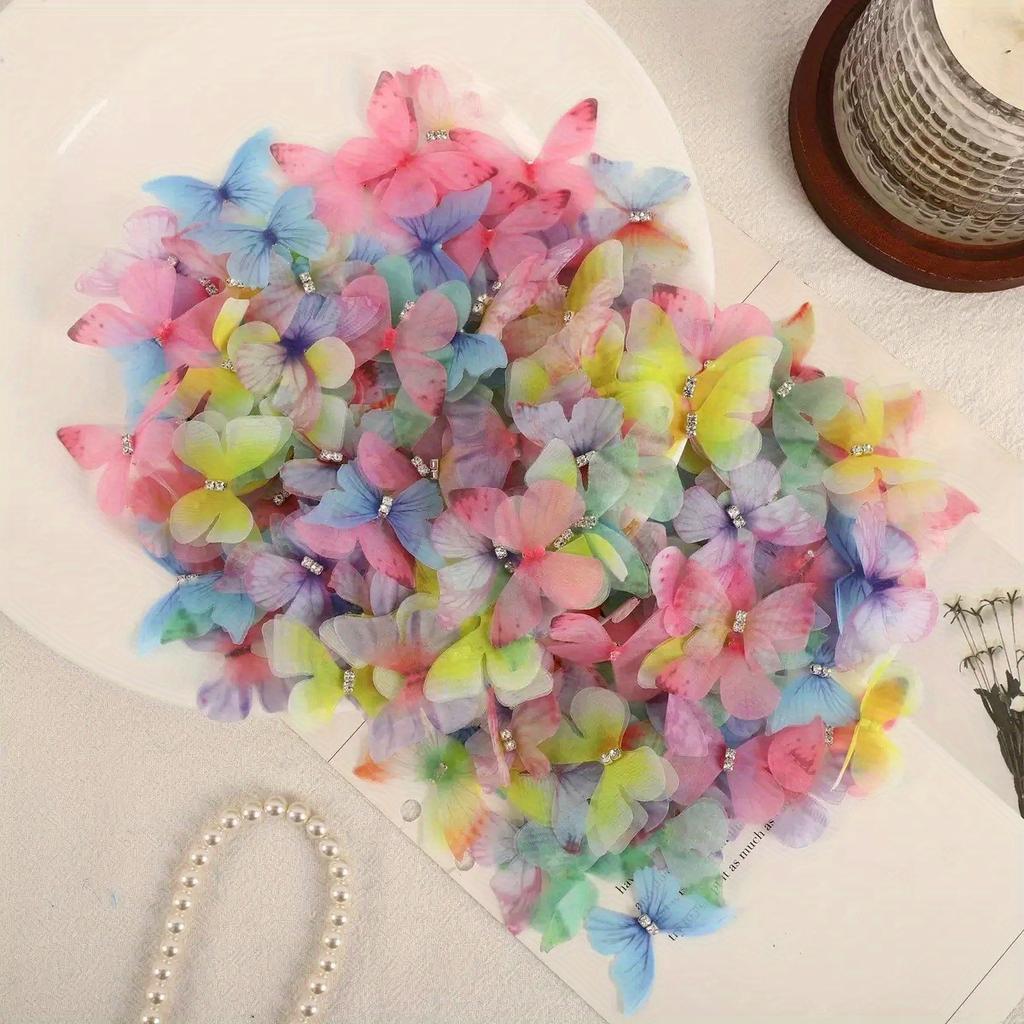 100PCS Beautiful Mini Butterflies for Crafts, Heads Organza Butterfly Set, Butterflies for Crafts, Fabric Butterfly Hair Clips Appliques