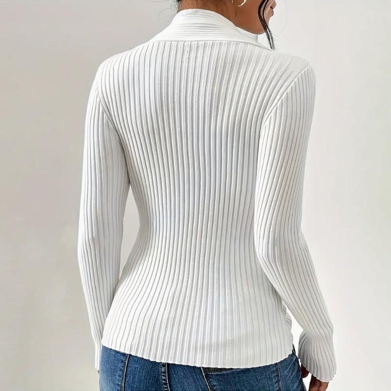 Womens Slim Fit Long Sleeve Knit Sweater V-Neck Solid Color Ribbed Hem Split Elegant Office Wear