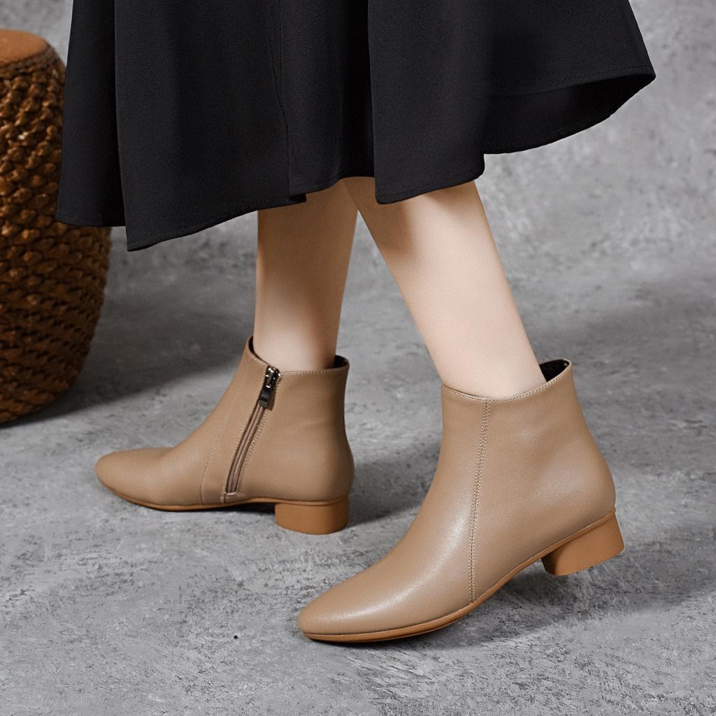 Short Boots Women's 2025 Autumn and Winter New Pointed Low-heeled Cotton Boots Simple Temperament Fashion Boots Leather Boots Cowhide Women's Ankle B