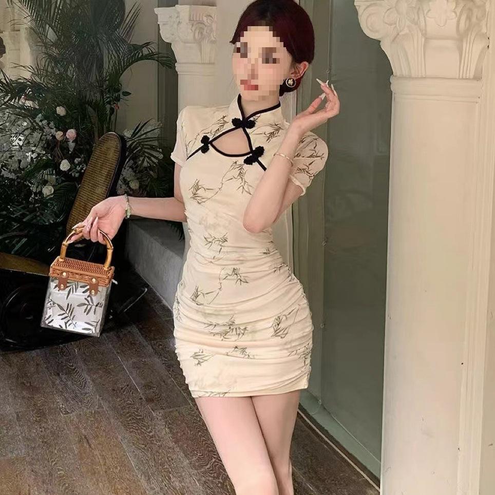 Elegant Floral Qipao Dress: Summer Pleated Waist, Hollow-out Frog Buttons