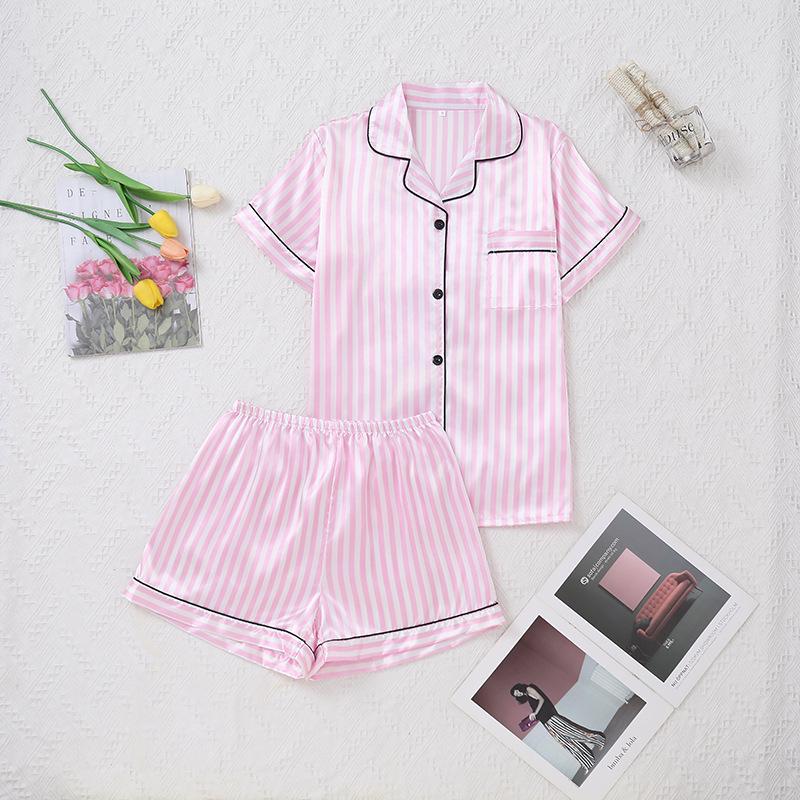 Women's Pinstripe Satin Pajama Set: Short Sleeve Cardigan & Elastic Waistband Shorts