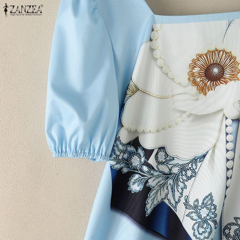 ZANZEA Women Square Collar Casual Floral Print Short Sleeve Blouse