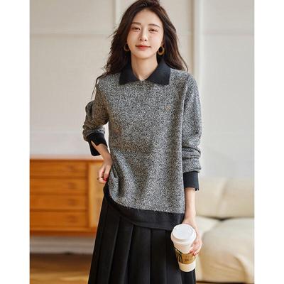 Demana Damen Winter Faux Zweiteiler Farbblock Strickpullover