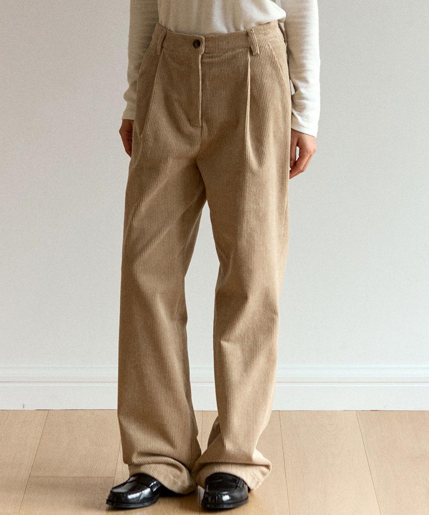 OURHOPE Corduroy One-Pleat Relaxed Pants - Beige
