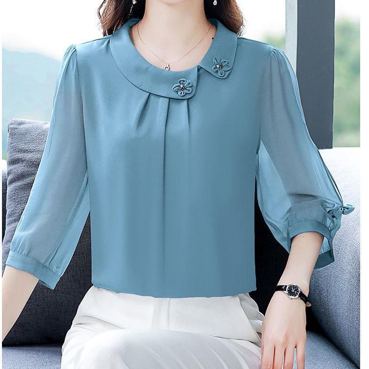 Women's Spring and Autumn Plus Size Thin Section Round Neck Seven Quarter Sleeve Solid Colour Casual Loose Breathable Comfortable Shirt