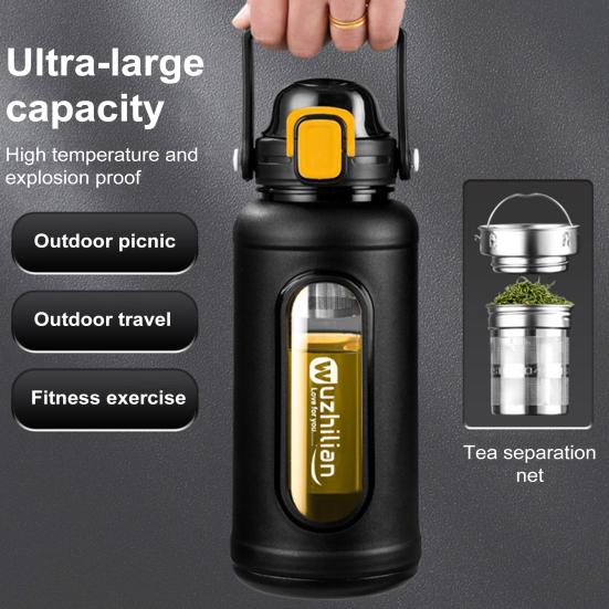 2000ML Glass Drinking Bottle with Straw Handle Stainless Steel Tea Infuser And Silicone Sleeve Leak-Proof Motivational Water Bottle for Daily Intake