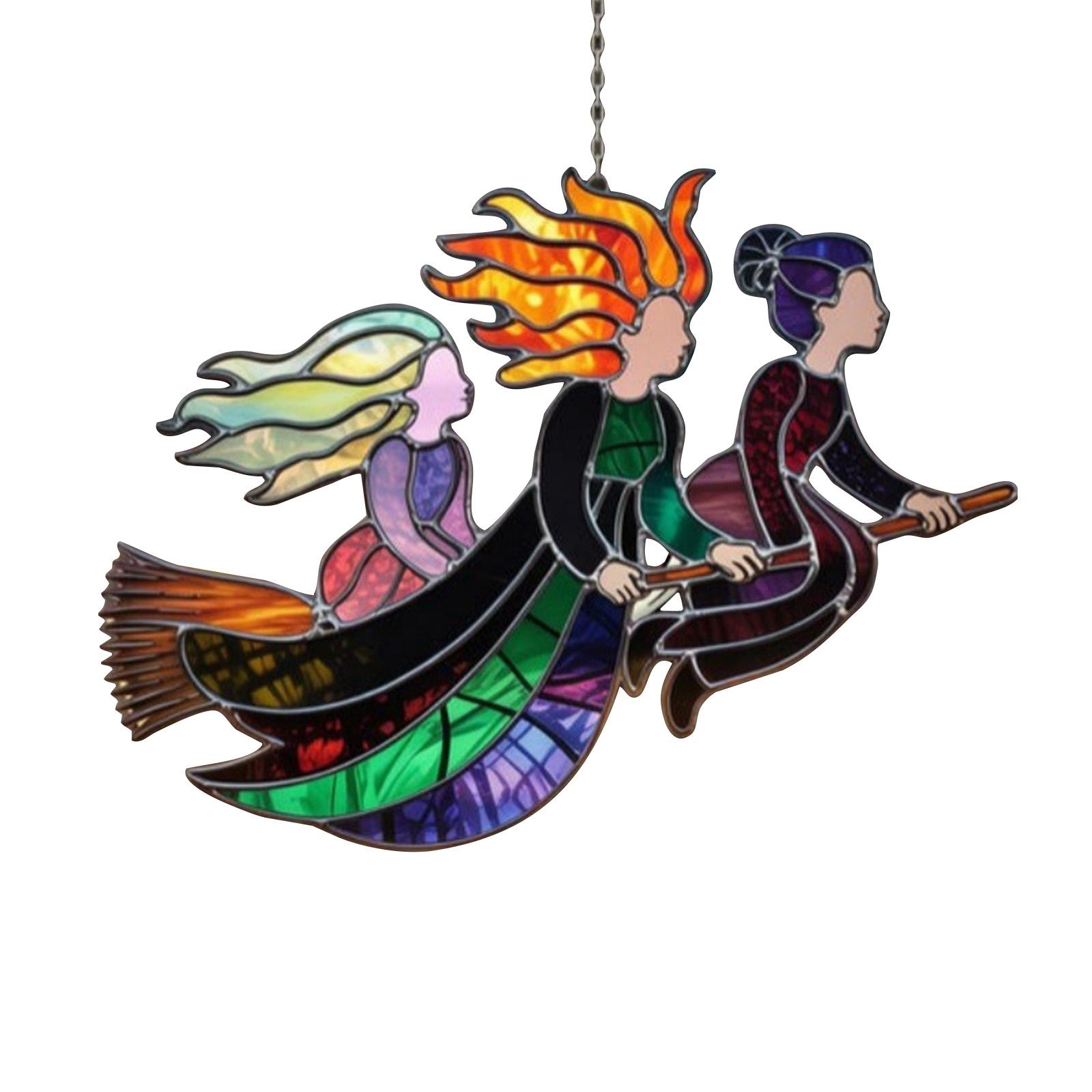 

Halloween Witch Suncatcher, Witch Stained Glass Window Hanging Panel Suncatcher, Halloween And Christmas Decorations S