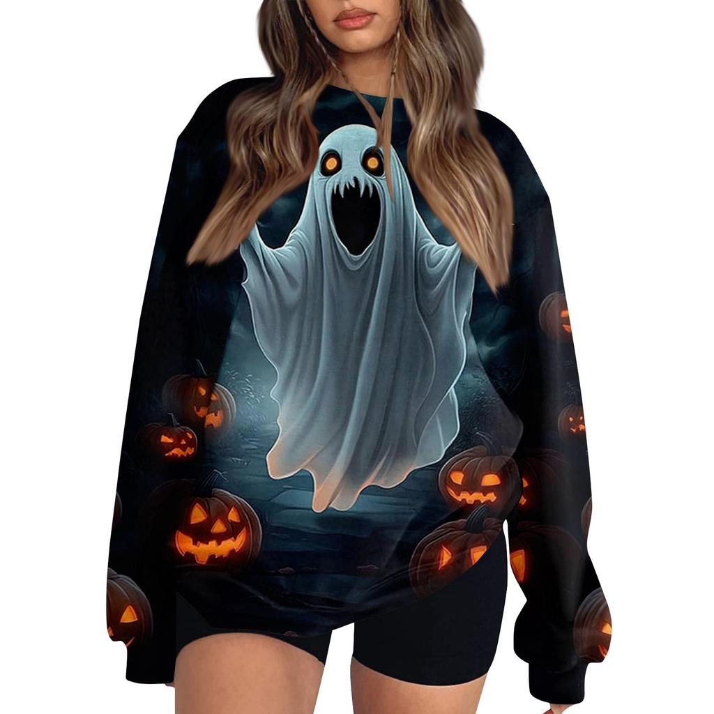 Women's Fashion Casual Long Sleeve Halloween Printed Neck Sweatshirt Top