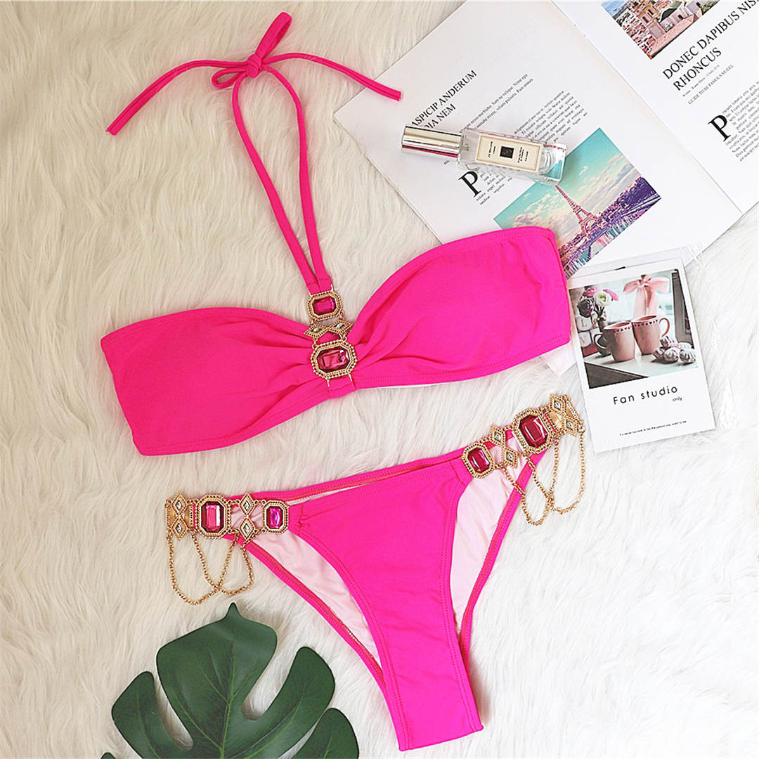 

Мода 6 Цветов Драгоценные Стразы Бриллиантовый Бикини Женский Купальник Женский Купальник Из Двух Частей Бикини Комплект Купальник Купальный Костюм S розовый