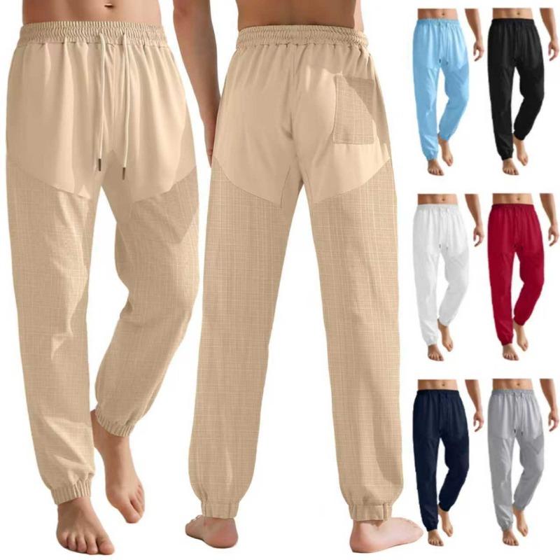 Lniane spodnie ze sznurkiem lato luźne do noszenia po domu wygodne oddychające cienkie sportowe casualowe spodnie męskie