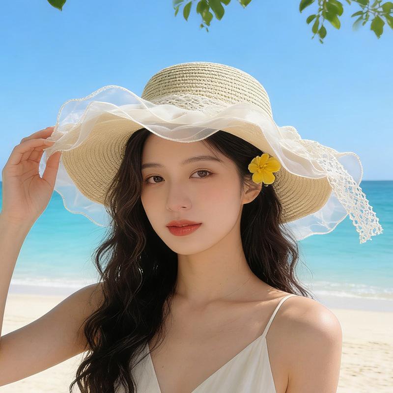 Summer sunshade UV protection beach hat lace bow sun hat